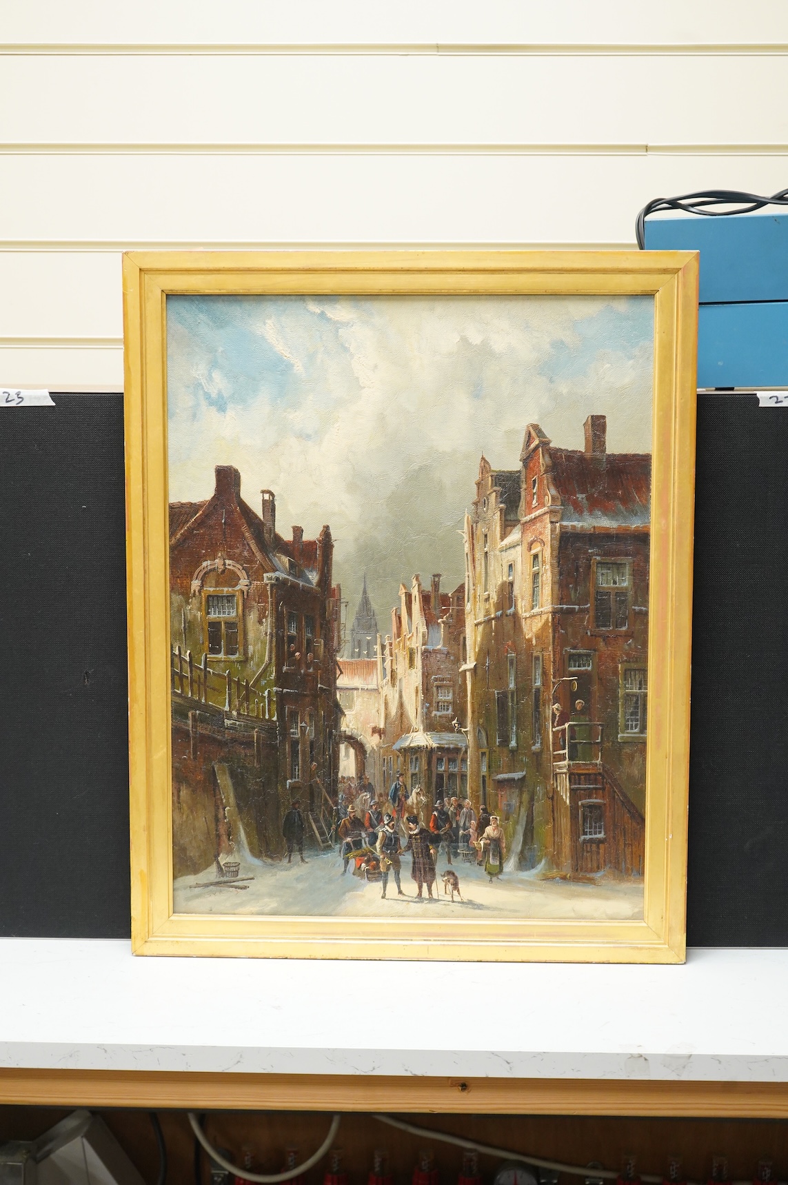 Phillips Sidney, Dutch street scene, monogrammed, inscribed in ink to the stretcher verso, oil on canvas, 54 x 41cm